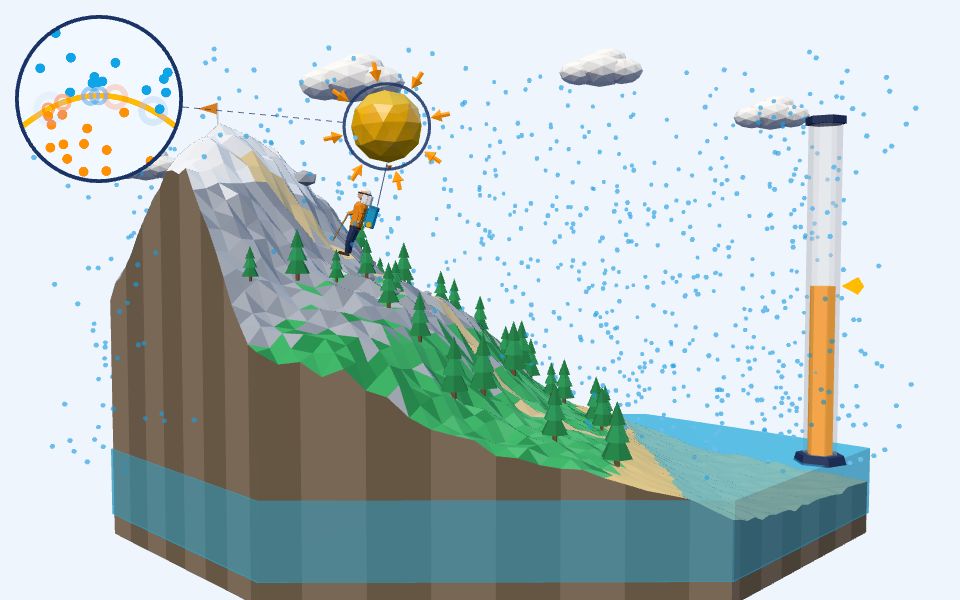 نموذج ثلاثيّ الأبعاد بأسلوب Low Poly — الضغط الجوي: من سطح البحر إلى قمّة الجبل