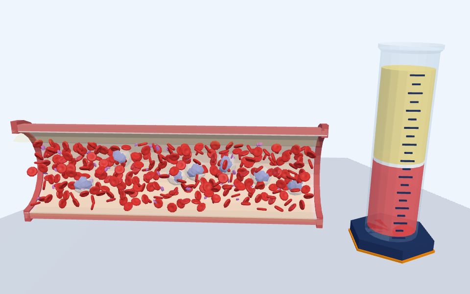 نموذج ثلاثيّ الأبعاد بأسلوب Low Poly — مكوّنات الدم: من المخبار إلى الخثرة