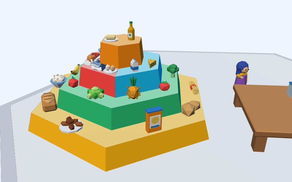 نموذج ثلاثيّ الأبعاد بأسلوب Low Poly — الهرم الغذائي: أبني وجبة متوازنة