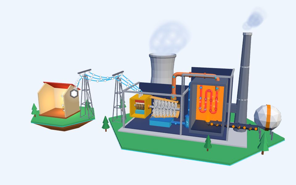 نموذج ثلاثيّ الأبعاد بأسلوب Low Poly — محطة توليد الكهرباء: من الوقود إلى المقبس