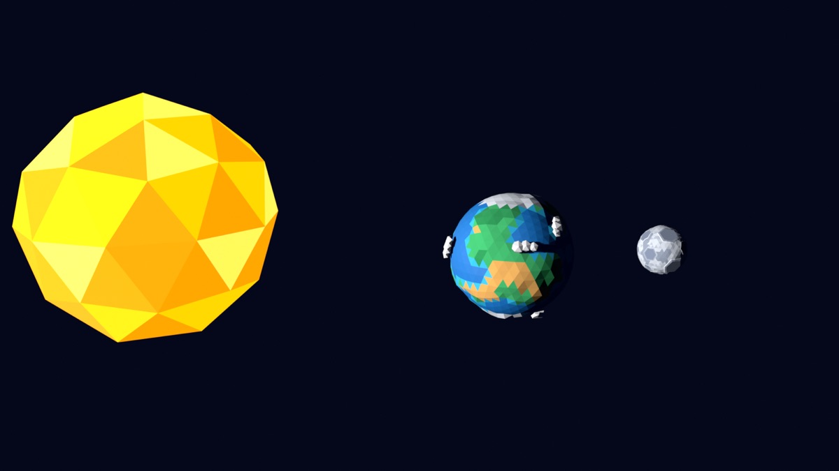 نموذج ثلاثيّ الأبعاد بأسلوب Low Poly — أطوار القمر وكسوف الشمس